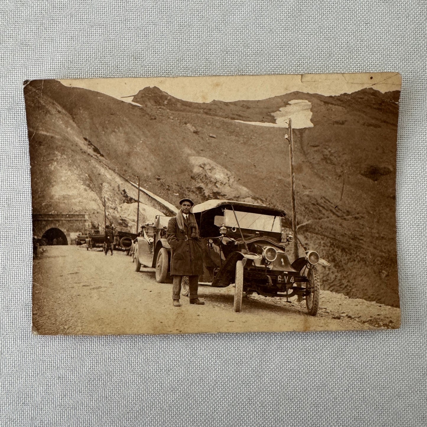 Vintage Photograph Man with Early Automobile Cars Mountain Great Image