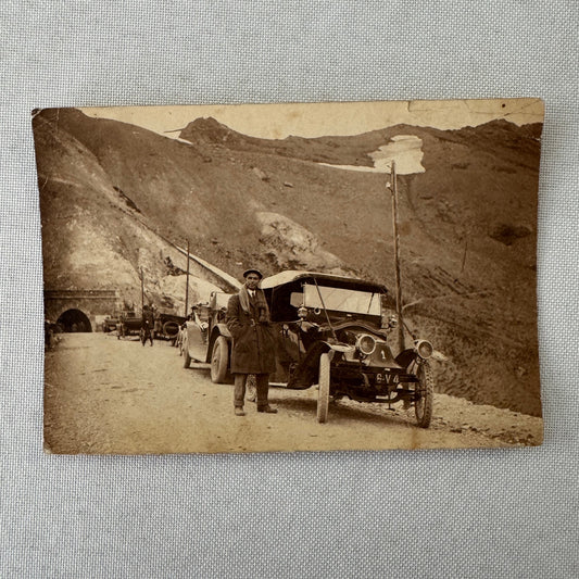 Vintage Photograph Man with Early Automobile Cars Mountain Great Image