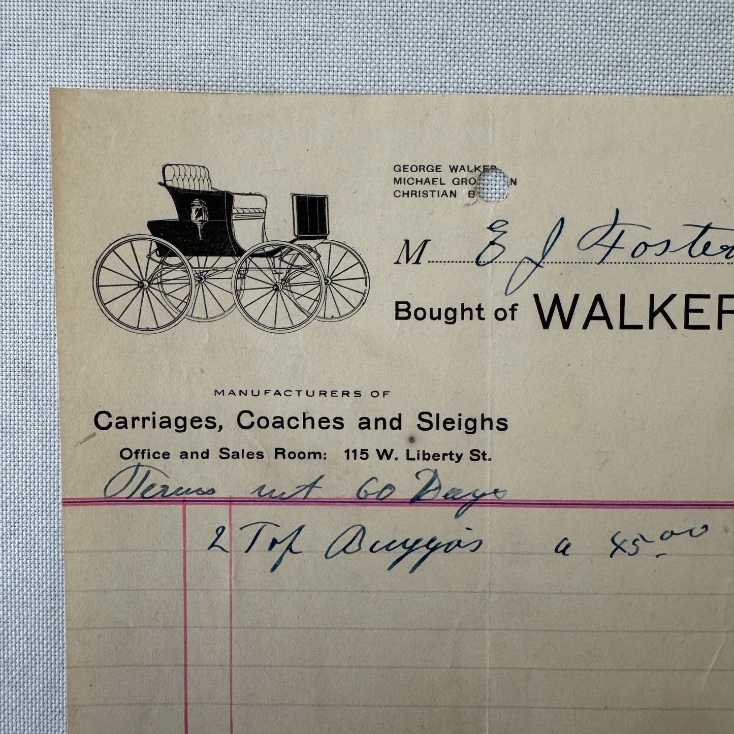 Walker and Company Receipt Letterhead Document 1908 Carriage Sleigh Ann Arbor MI