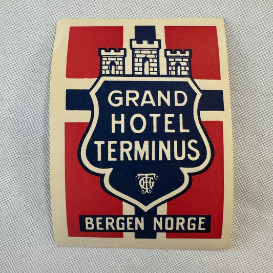 Vintage Hotel Travel Luggage Label Grand Hotel Terminus Bergen Norway Norwegian