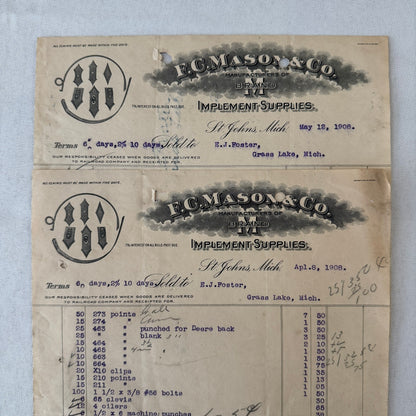 FC Mason Company M Brand Implement Invoice Receipt Document Letterhead 1908 Lot