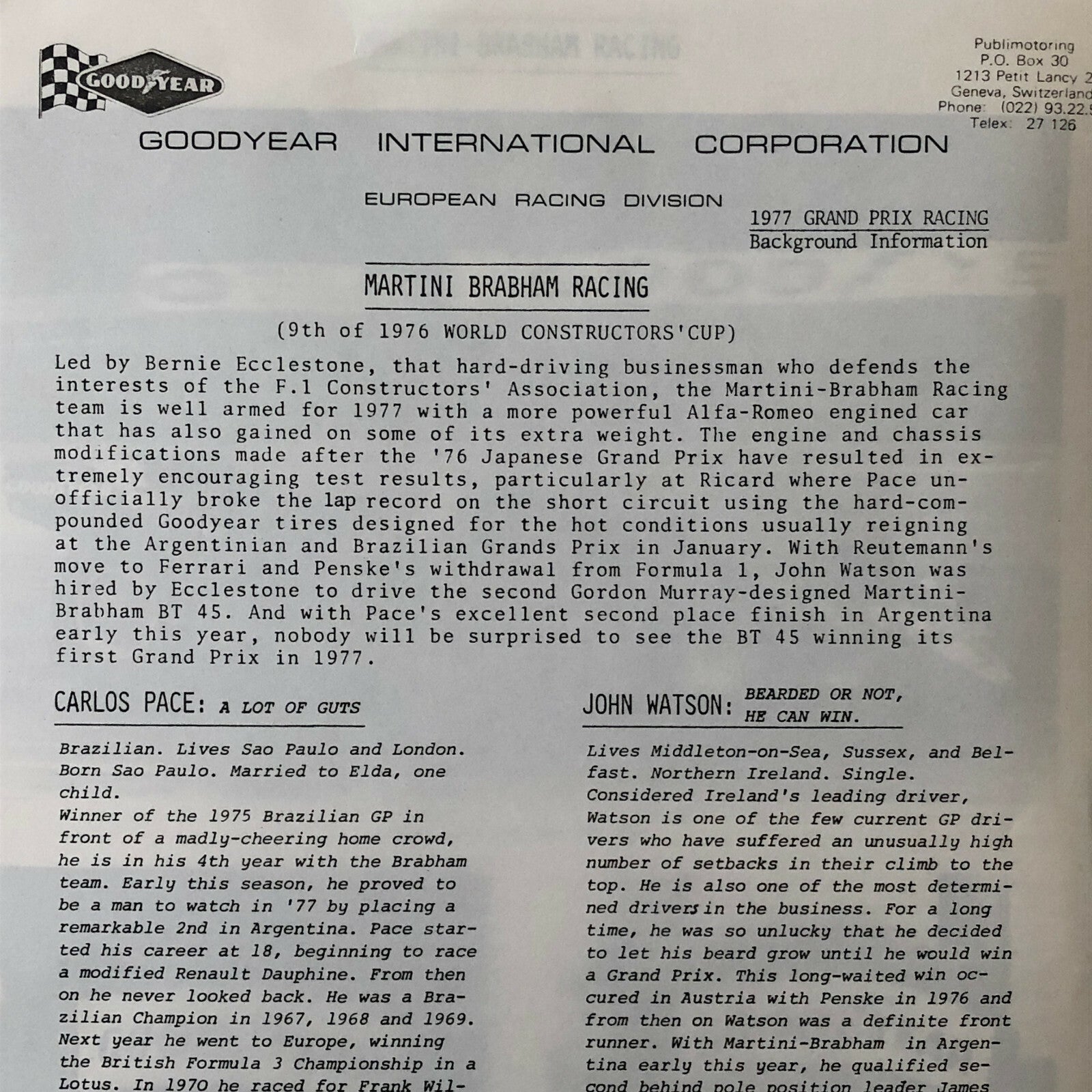 Vintage 1977 Martini Brabham Racing Alfa Romeo Car Press Photo Photograph Pace +
