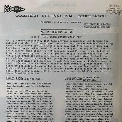 Vintage 1977 Martini Brabham Racing Alfa Romeo Car Press Photo Photograph Pace +