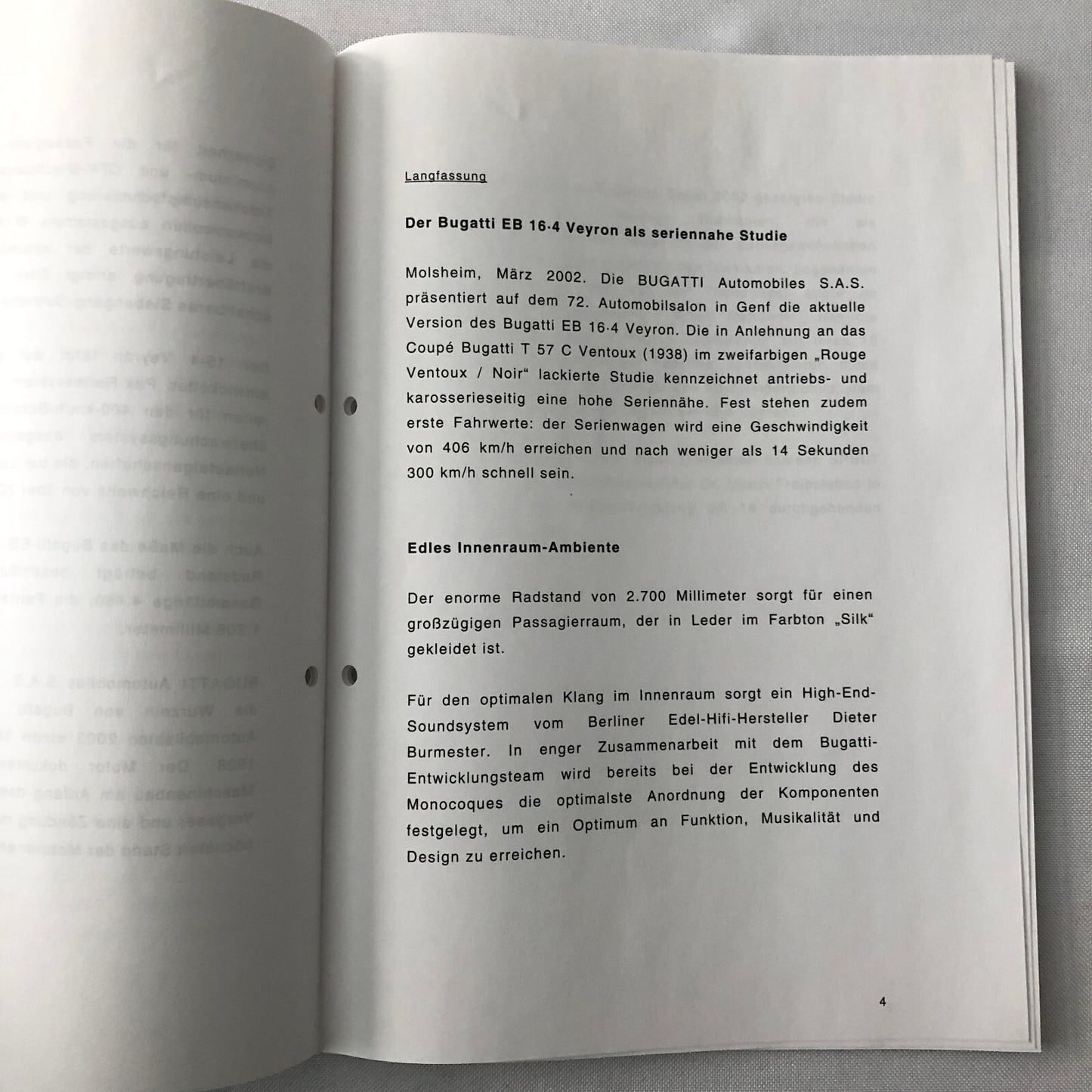 Bugatti Veyron Press Kit Brochure Photos 2002 German Text