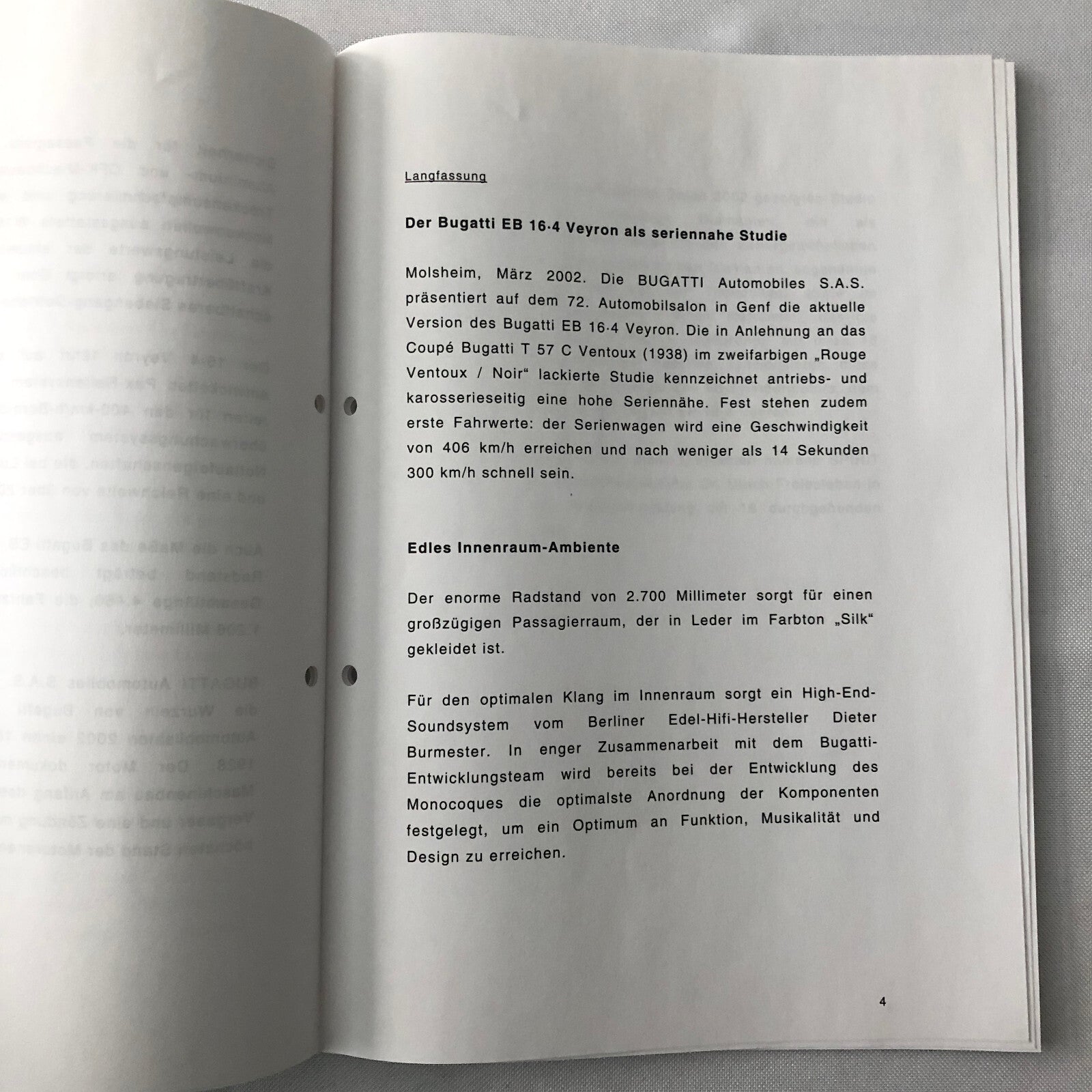 Bugatti Veyron Press Kit Brochure Photos 2002 German Text