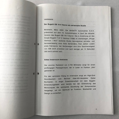 Bugatti Veyron Press Kit Brochure Photos 2002 German Text