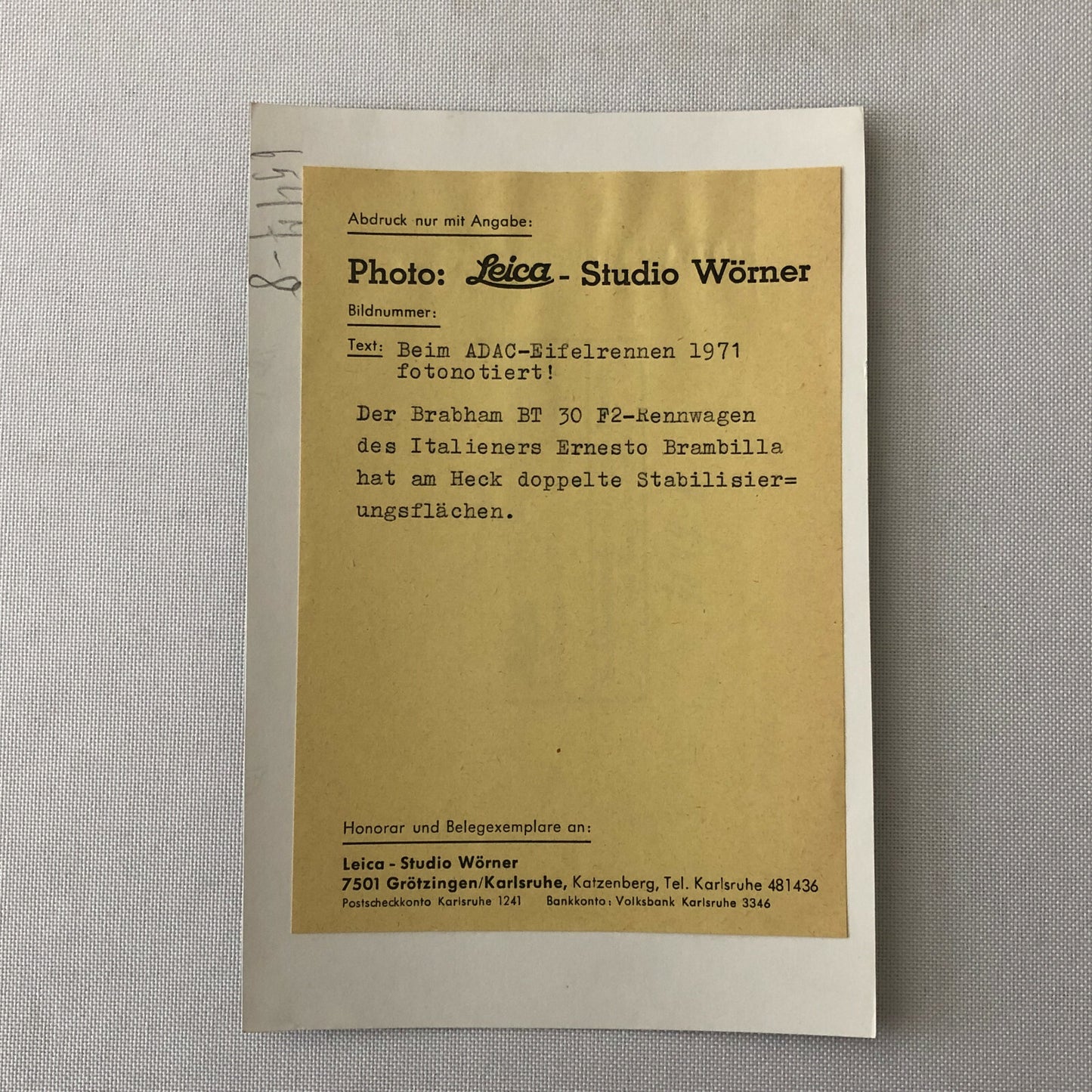 Vintage Brabham BT30 ADAC Racing Car Photo Photograph Studio Worner 1971