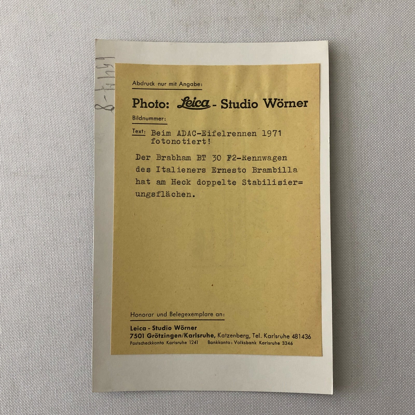 Vintage Brabham BT30 ADAC Racing Car Photo Photograph Studio Worner 1971