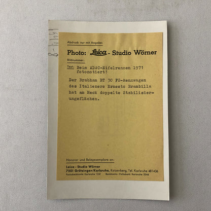Vintage Brabham BT30 ADAC Racing Car Photo Photograph Studio Worner 1971