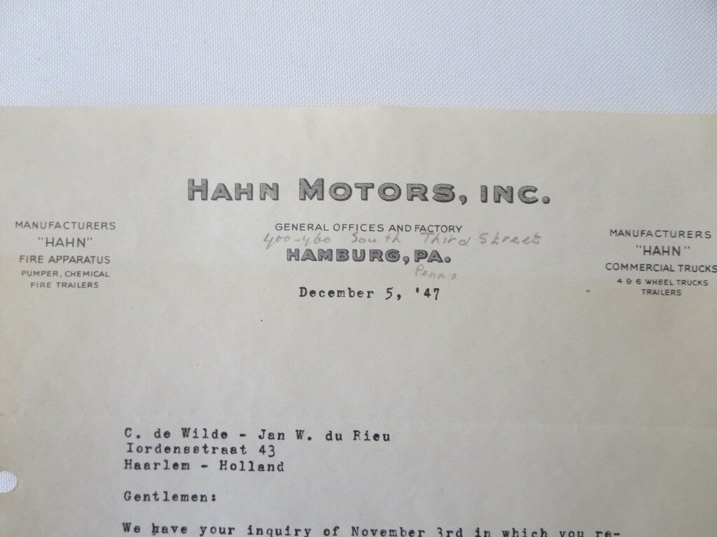 1947 Hahn Fire Aparatus Truck Letter Letterhead Document 