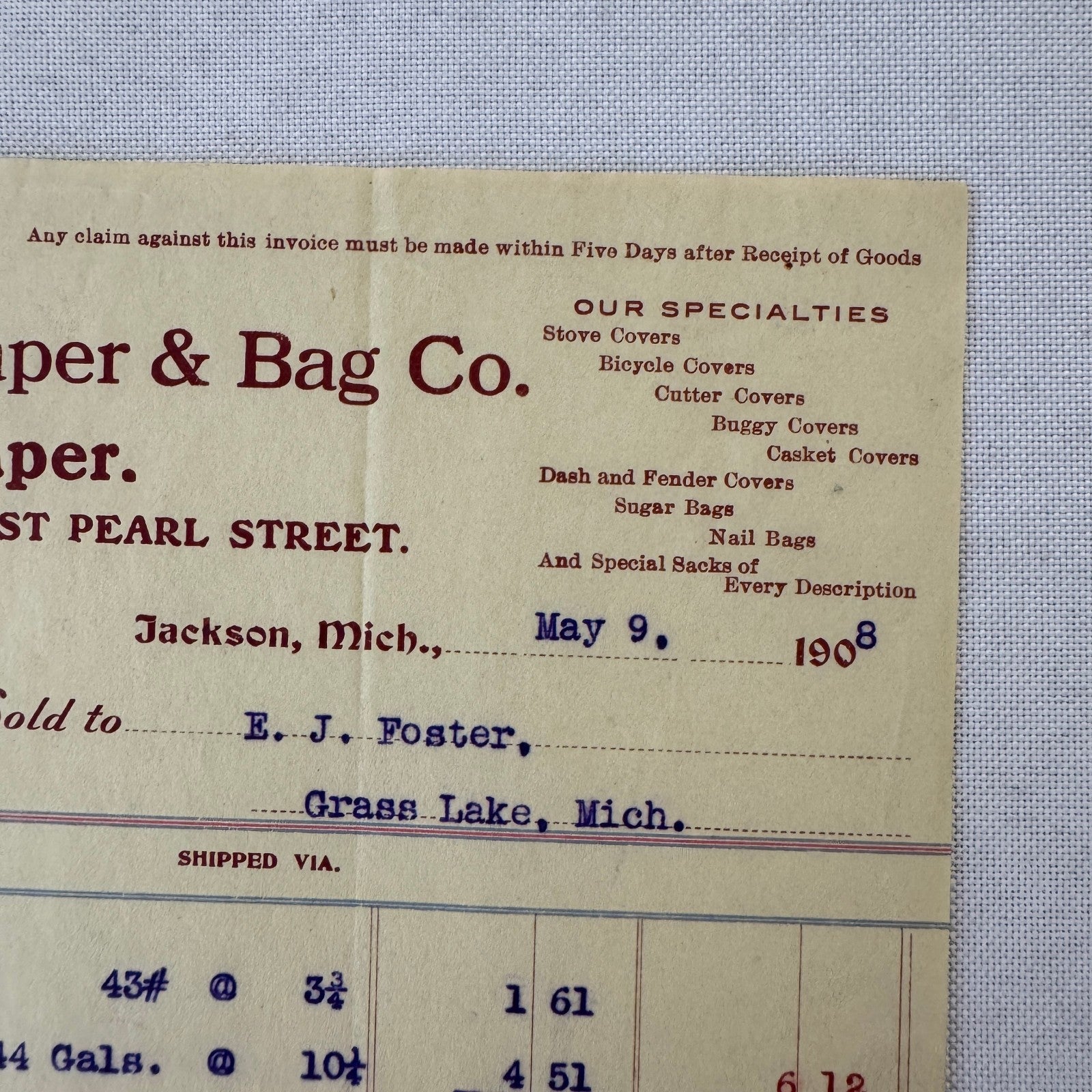 Crown Paper & Bag Company Jackson Michigan 1908 Receipt Invoice Document Lot 5x