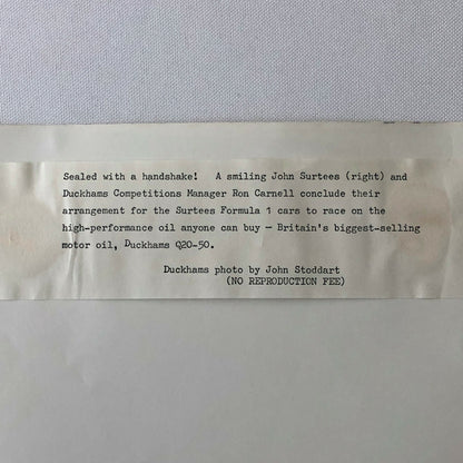 Vintage Racing Photo Photograph John Surtees Agreement with Duckhams Oil