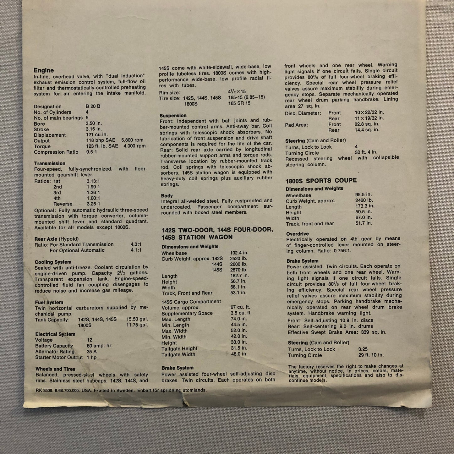 Vintage Volvo Sales Sheet Brochure Catalog 1800S 1800 S 145 Station Wagon 142 +