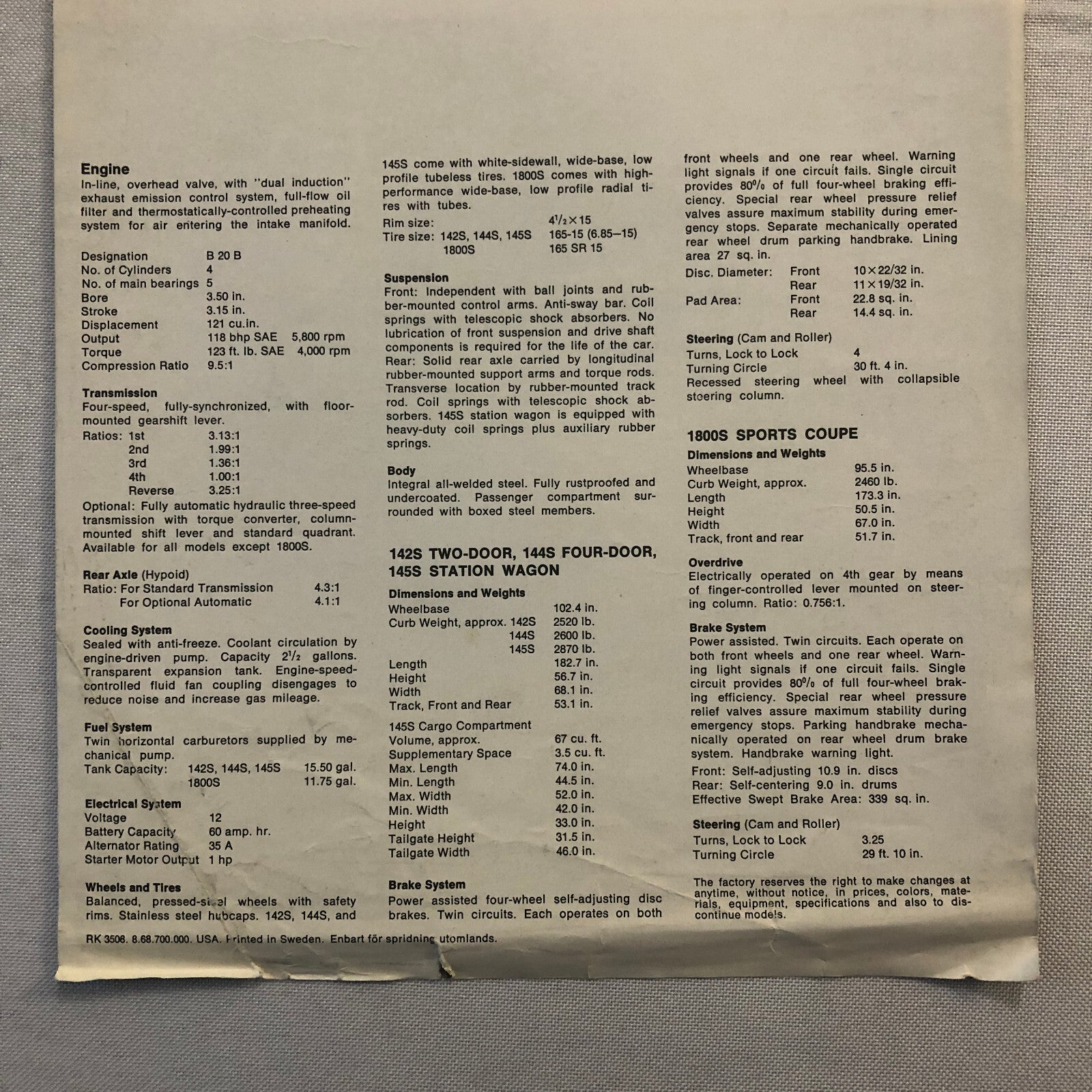 Vintage Volvo Sales Sheet Brochure Catalog 1800S 1800 S 145 Station Wagon 142 +