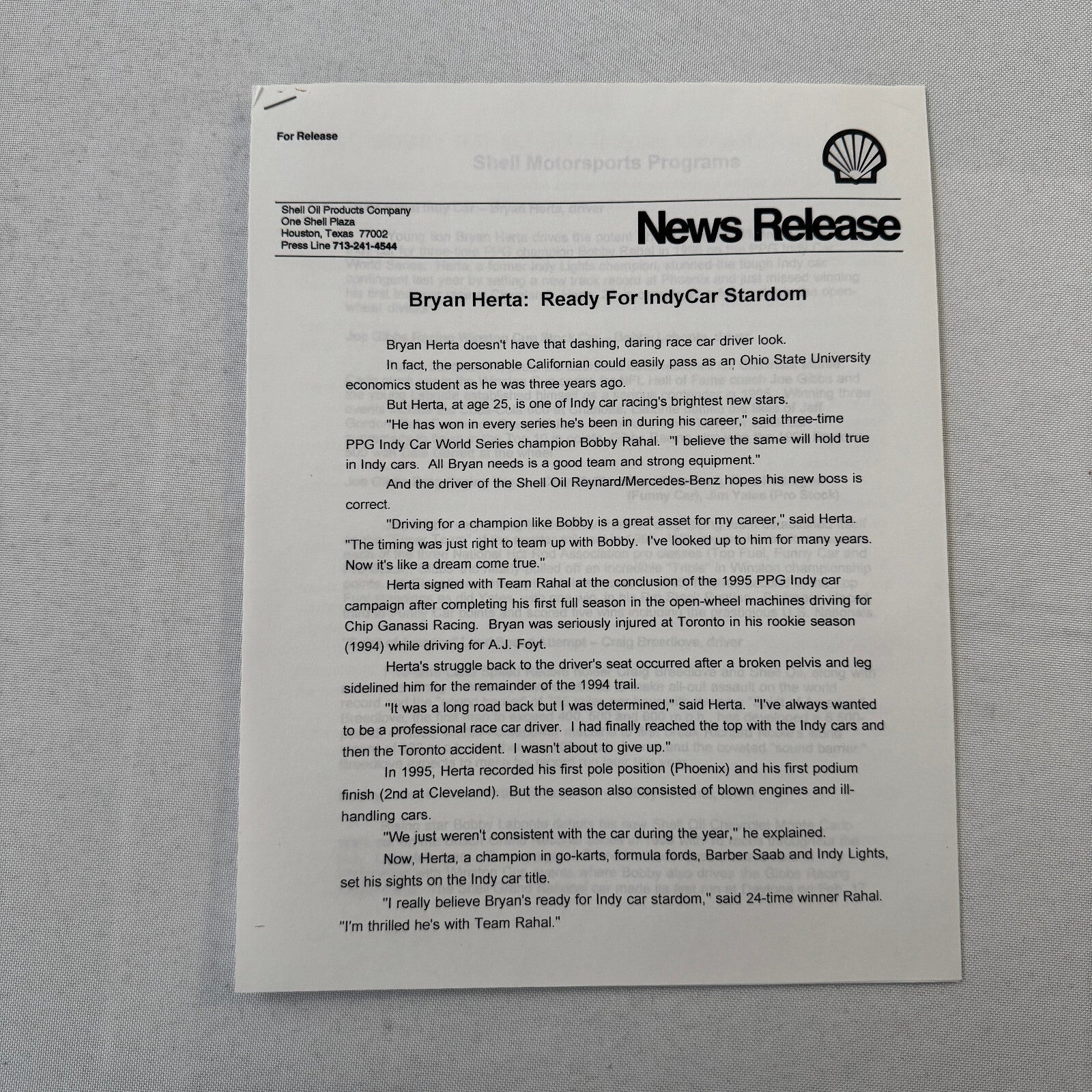 1996 PPG Indy Car Racing Shell Team Bobby Rahal Bryan Herta Press Kit Brochure