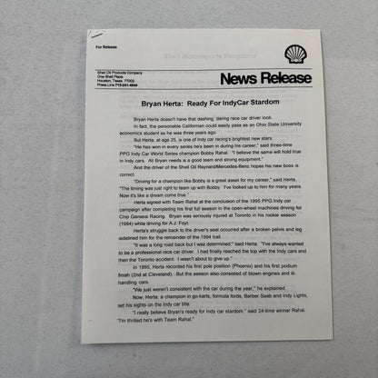 1996 PPG Indy Car Racing Shell Team Bobby Rahal Bryan Herta Press Kit Brochure
