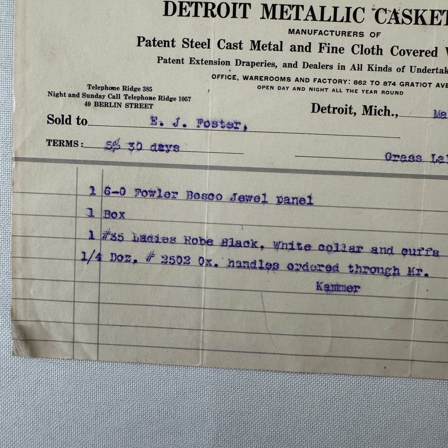 Detroit Metallic Casket Company 1908 Invoice Receipt Document Lot 3x Funeral