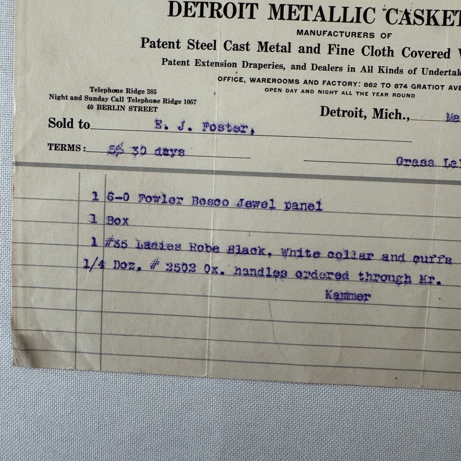 Detroit Metallic Casket Company 1908 Invoice Receipt Document Lot 3x Funeral