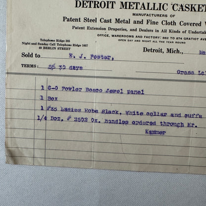 Detroit Metallic Casket Company 1908 Invoice Receipt Document Lot 3x Funeral