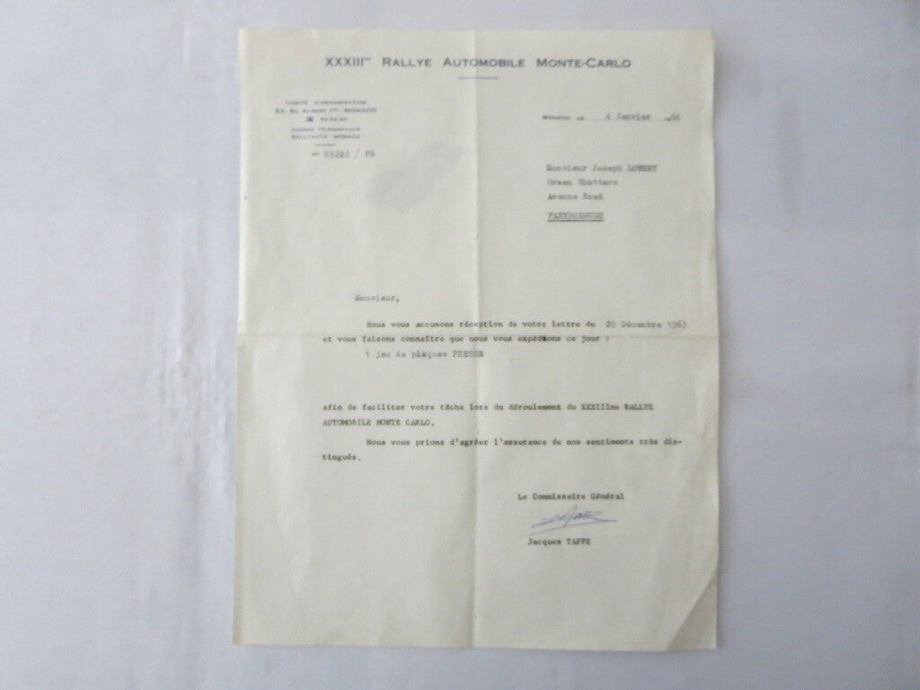1964 Rallye Automobile Monte Carlo XXXIII Letter Letterhead Press Credentials 