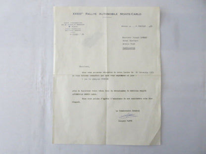 1964 Rallye Automobile Monte Carlo XXXIII Letter Letterhead Press Credentials 