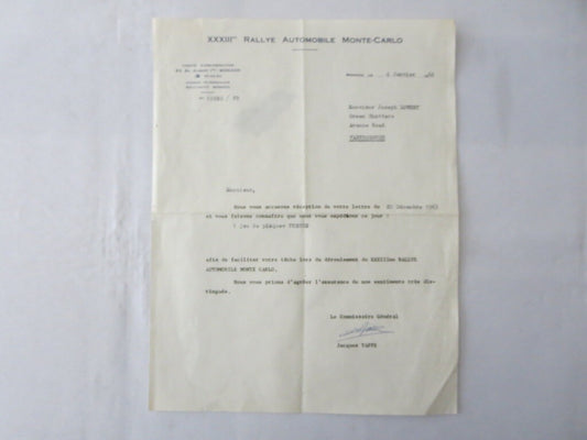 1964 Rallye Automobile Monte Carlo XXXIII Letter Letterhead Press Credentials 