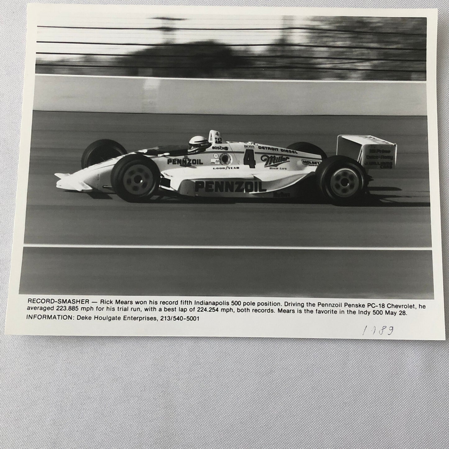 Vintage Indy Indianapolis Racing Photo Photograph Rick Mears 1989