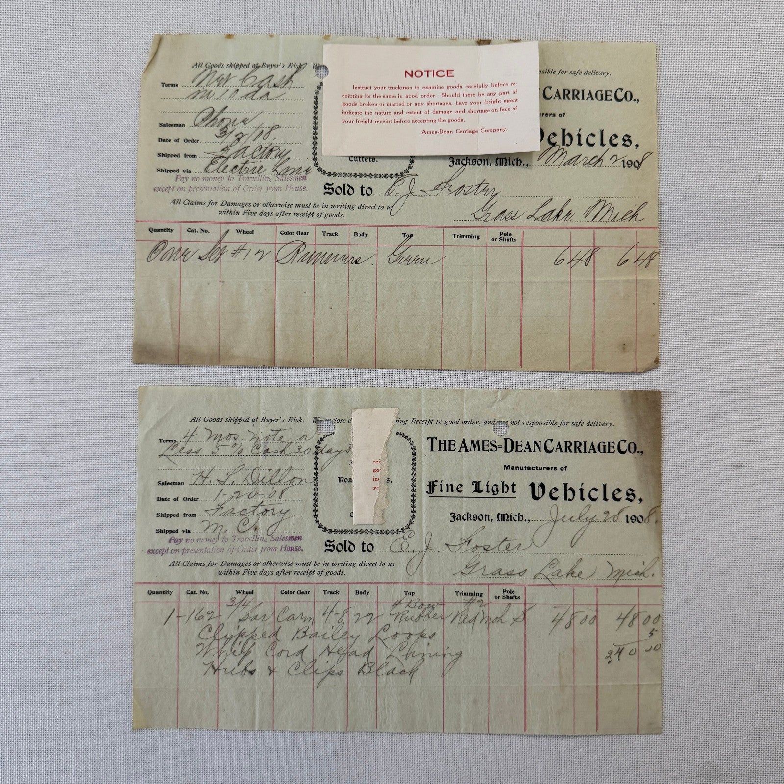 The Ames Dean Carriage Company Jackson Michigan 1908 Receipt Document Lot 2x