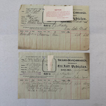The Ames Dean Carriage Company Jackson Michigan 1908 Receipt Document Lot 2x