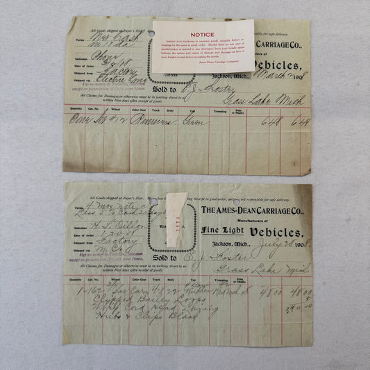 The Ames Dean Carriage Company Jackson Michigan 1908 Receipt Document Lot 2x