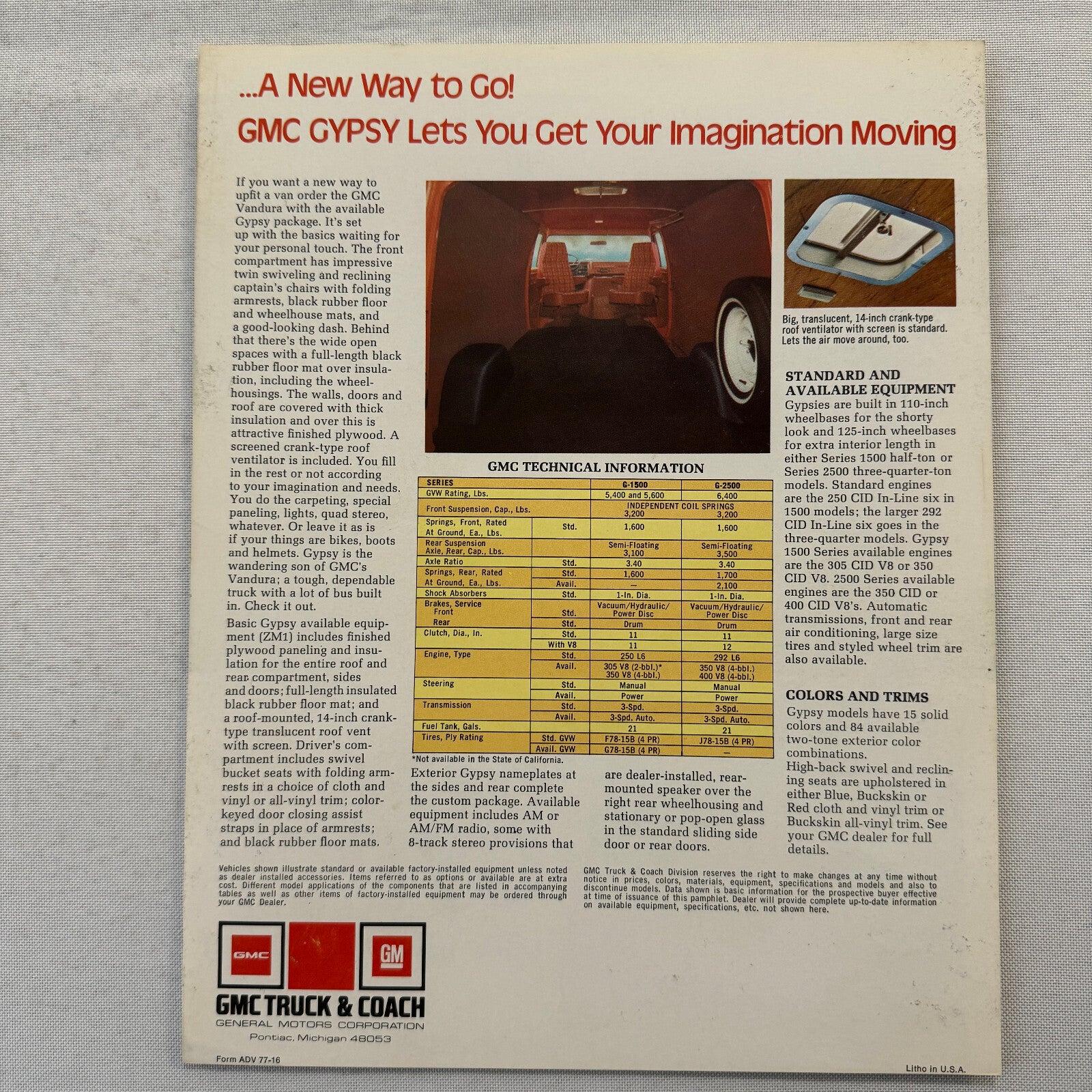 GMC Gypsy Van Sales Brochure Flyer Advertising