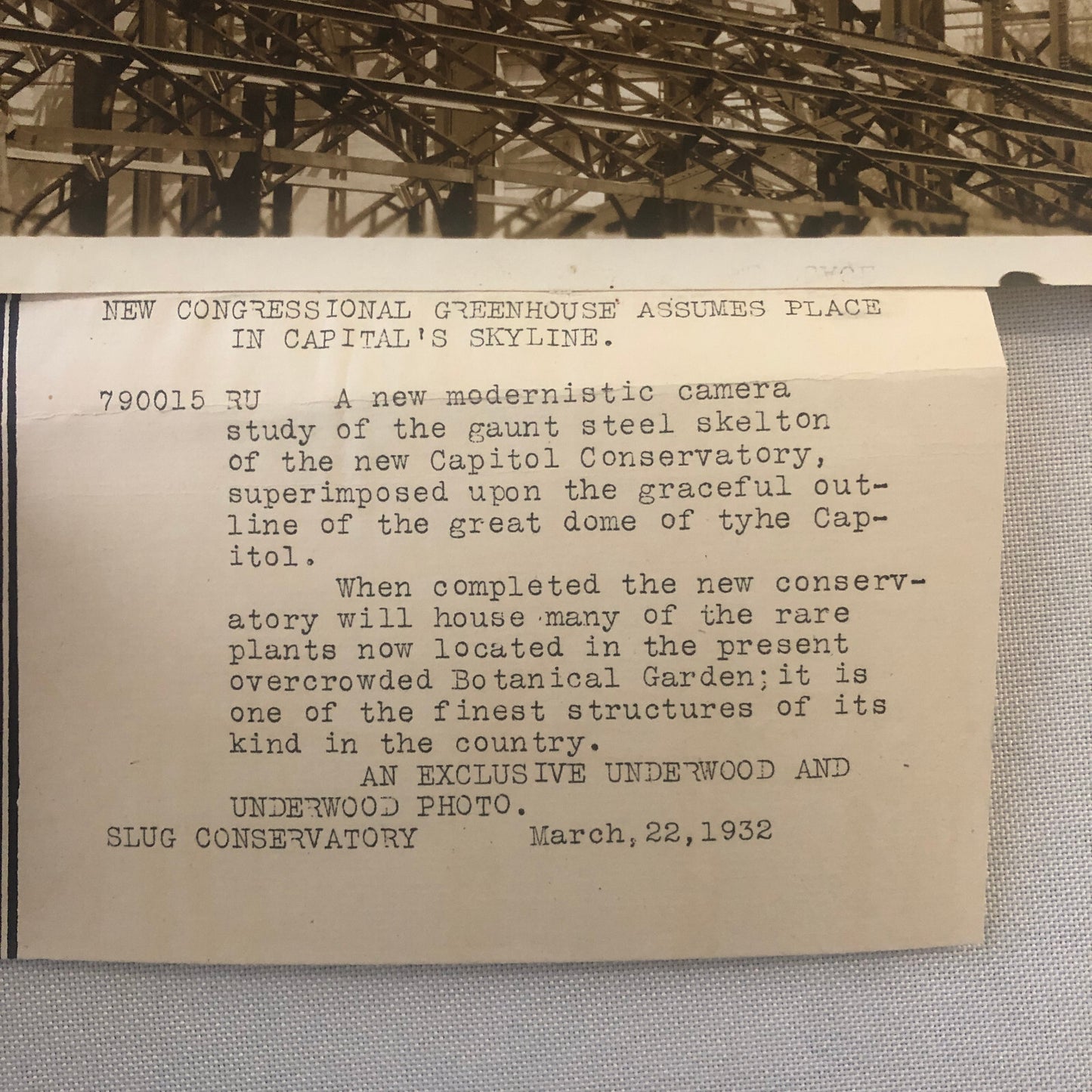 Press Photo Photograph Washington Capitol Building Construction Botanical Garden