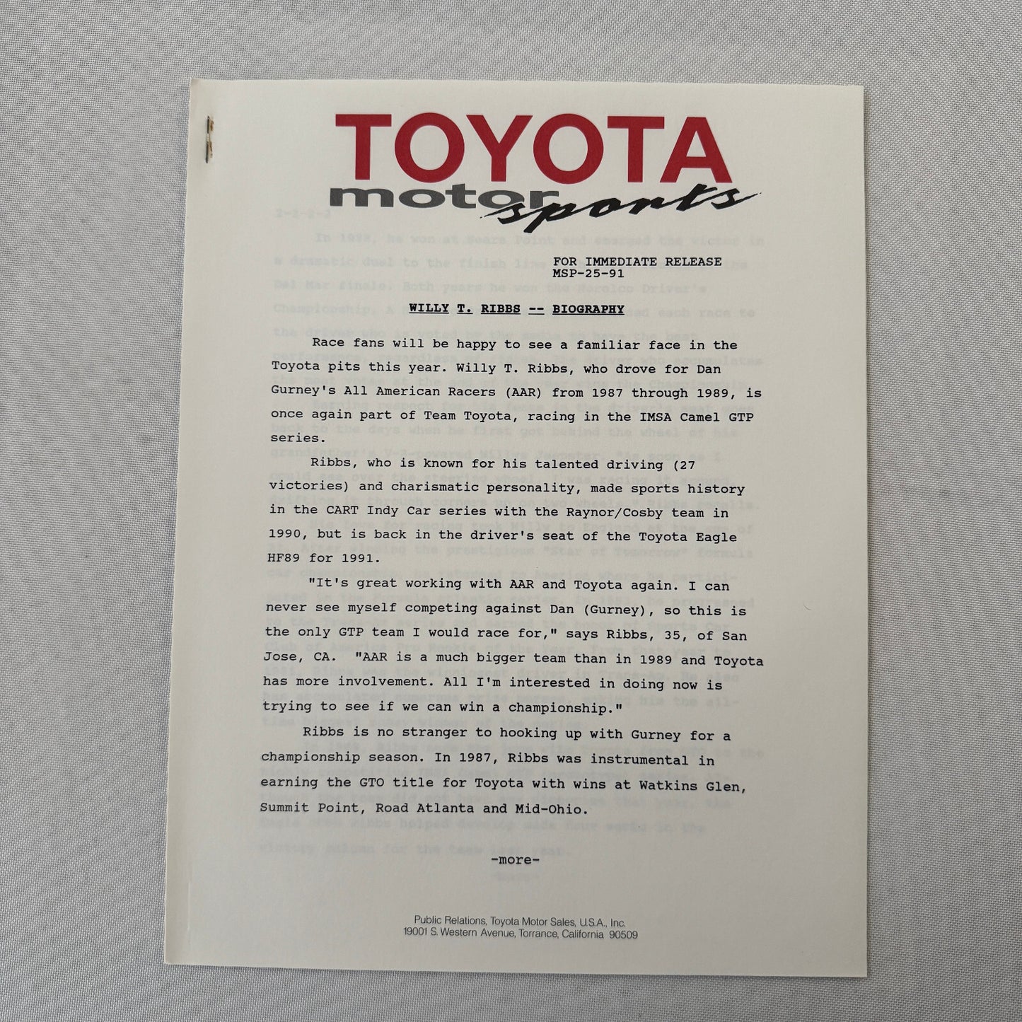 1991 Toyota Motorsport Racing Press Kit Dan Gurney Willy T Ribbs Fangio II