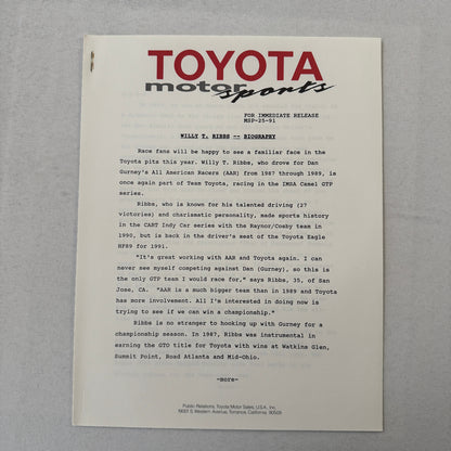 1991 Toyota Motorsport Racing Press Kit Dan Gurney Willy T Ribbs Fangio II