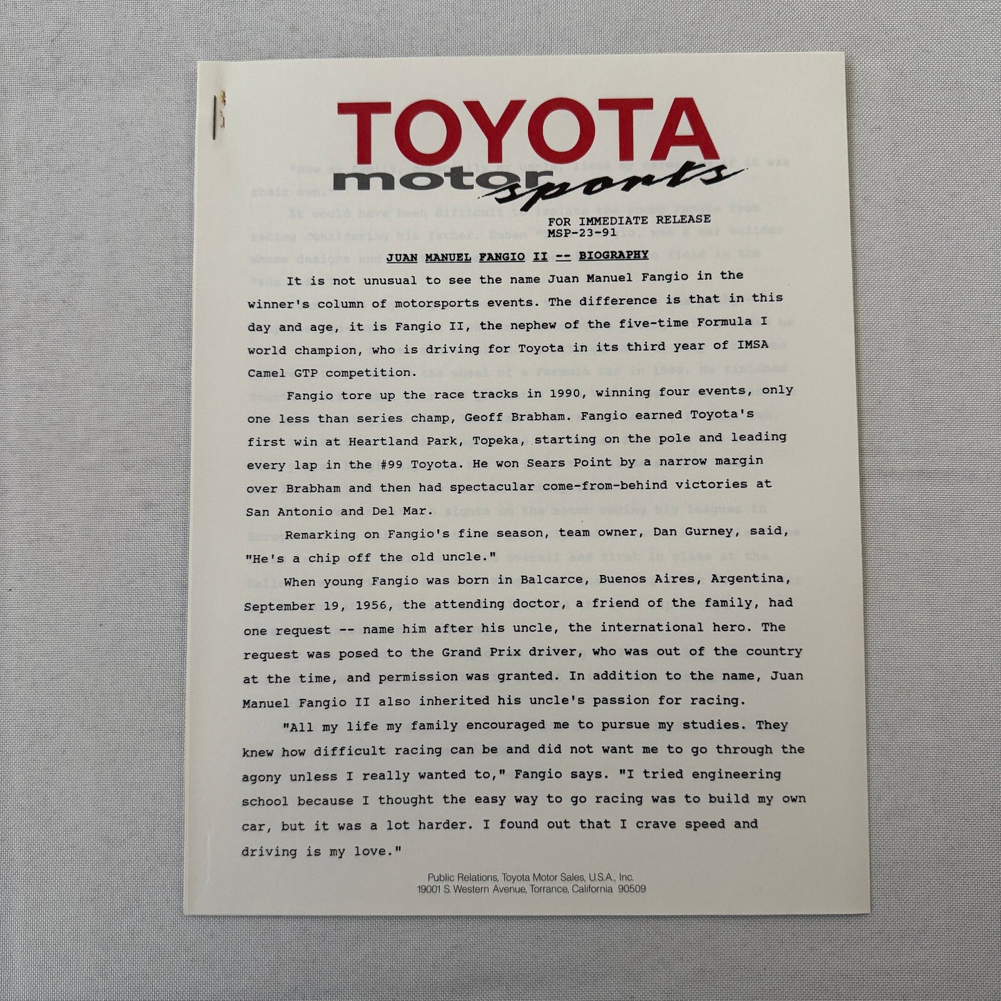 1991 Toyota Motorsport Racing Press Kit Dan Gurney Willy T Ribbs Fangio II
