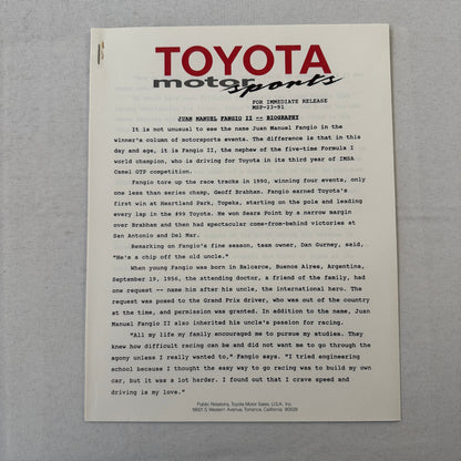 1991 Toyota Motorsport Racing Press Kit Dan Gurney Willy T Ribbs Fangio II
