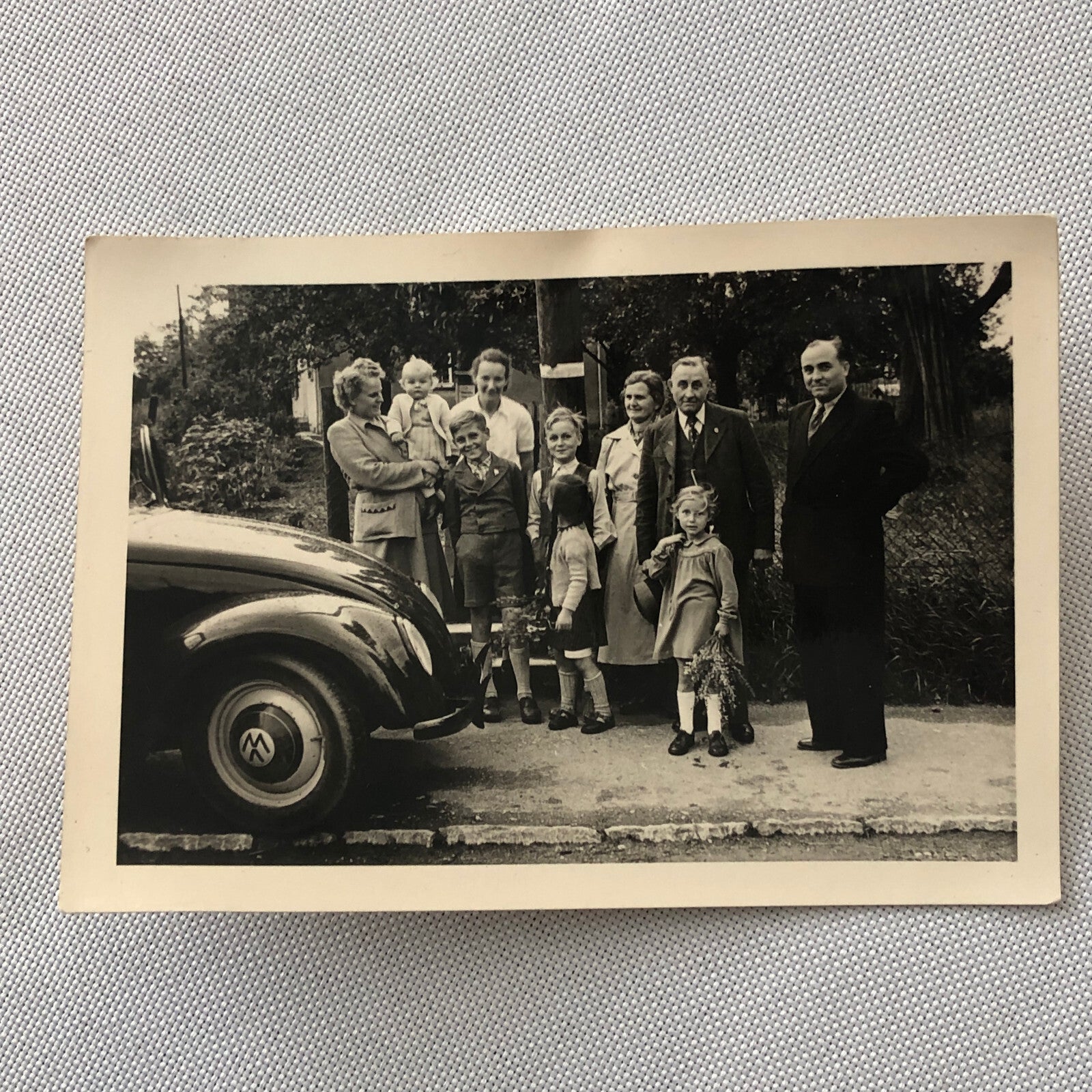 Vintage Photo Photograph Snapshot Family with VW Volkswagen Beetle Bug Car