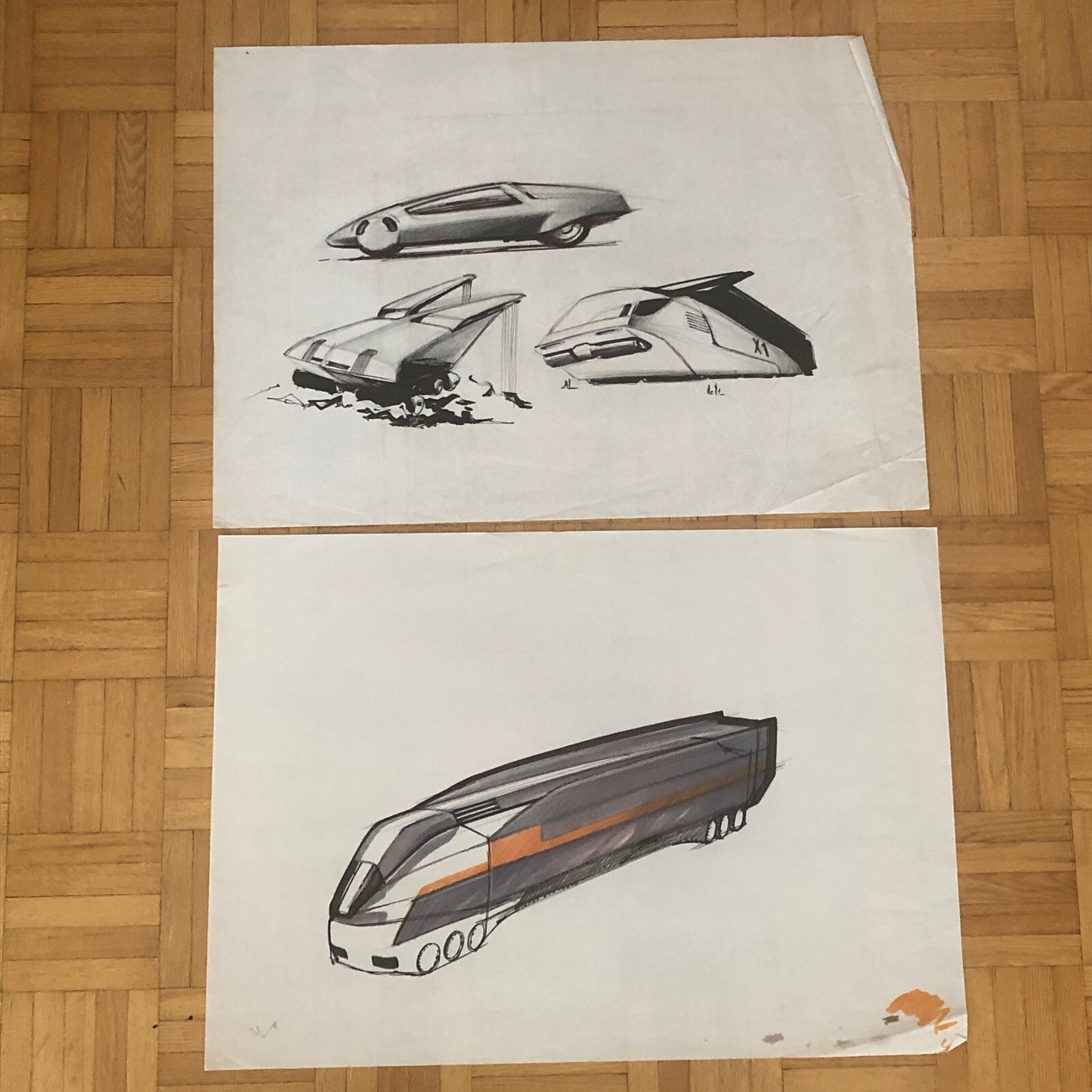 Vintage Design Illustration Sketch Art Lot of 2 Truck Car Construction