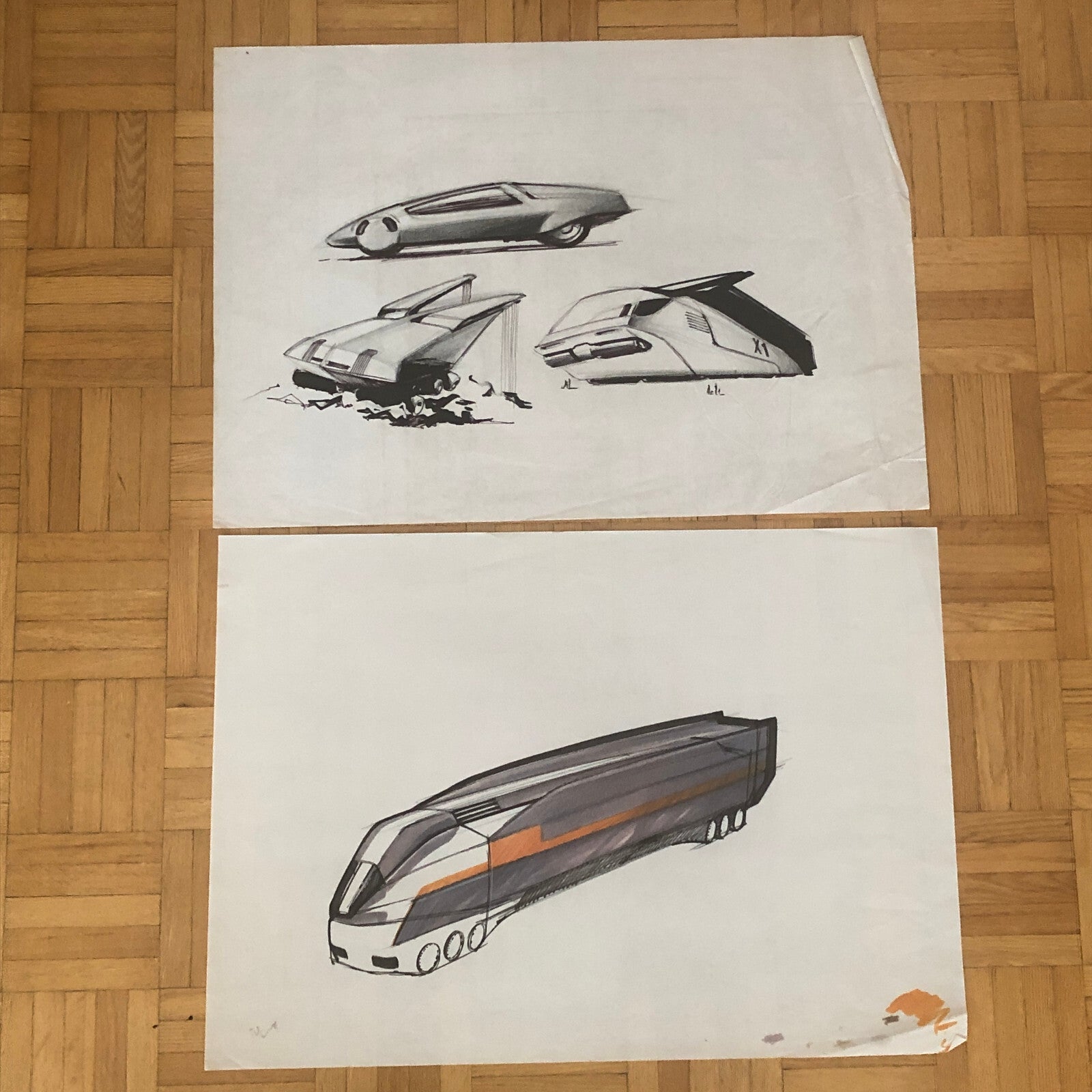 Vintage Design Illustration Sketch Art Lot of 2 Truck Car Construction
