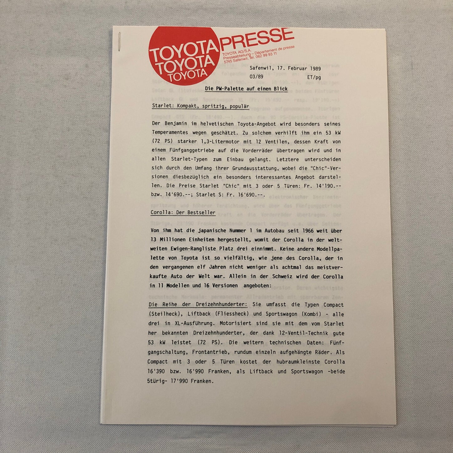 1989 Toyota Press Kit German Brochure Starlet Supra Carina Corolla Photos