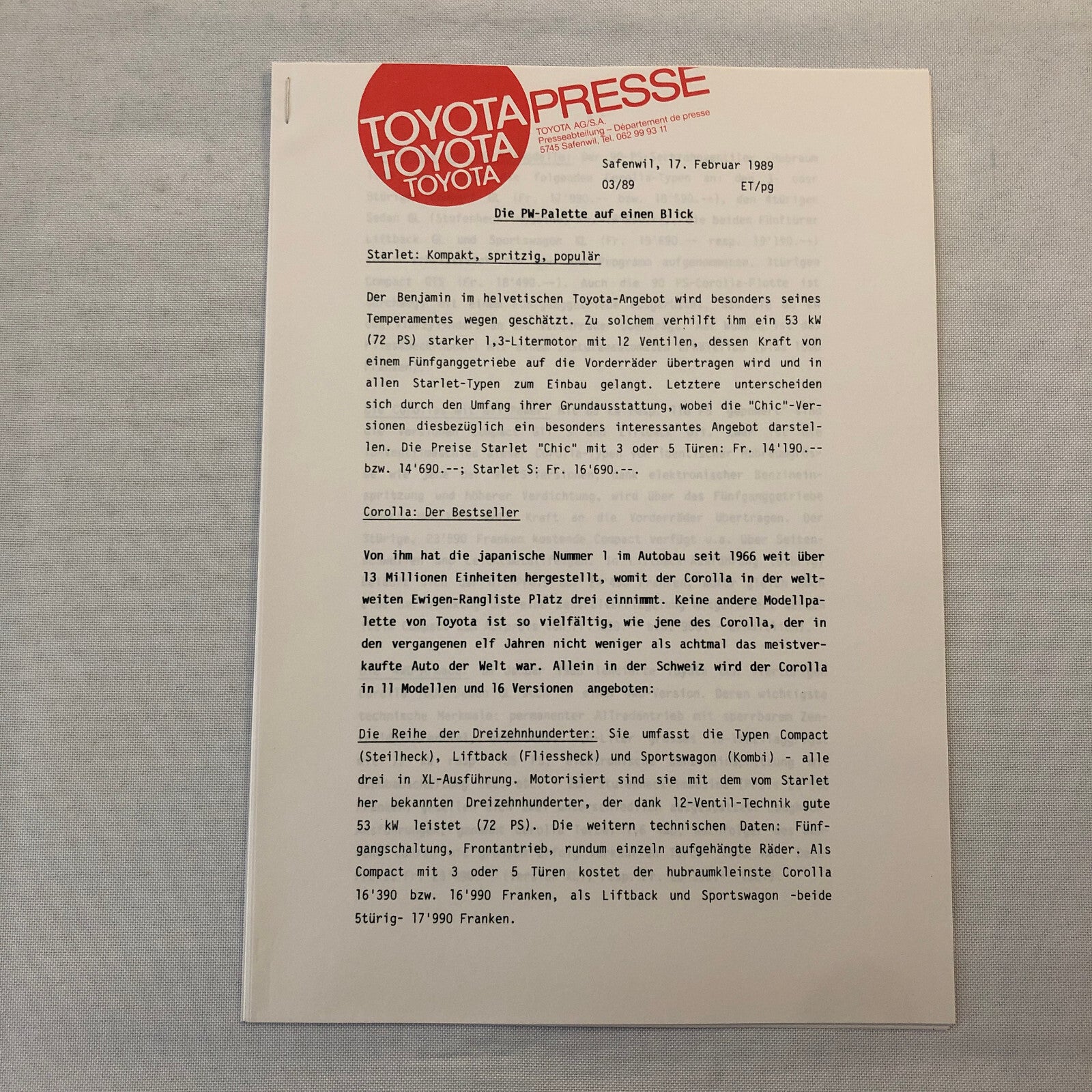 1989 Toyota Press Kit German Brochure Starlet Supra Carina Corolla Photos