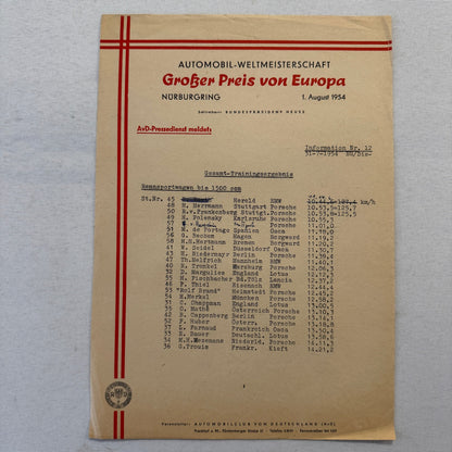 1954 AVD European Grand Prix at Nurburgring Racing Race Document Lot 2x