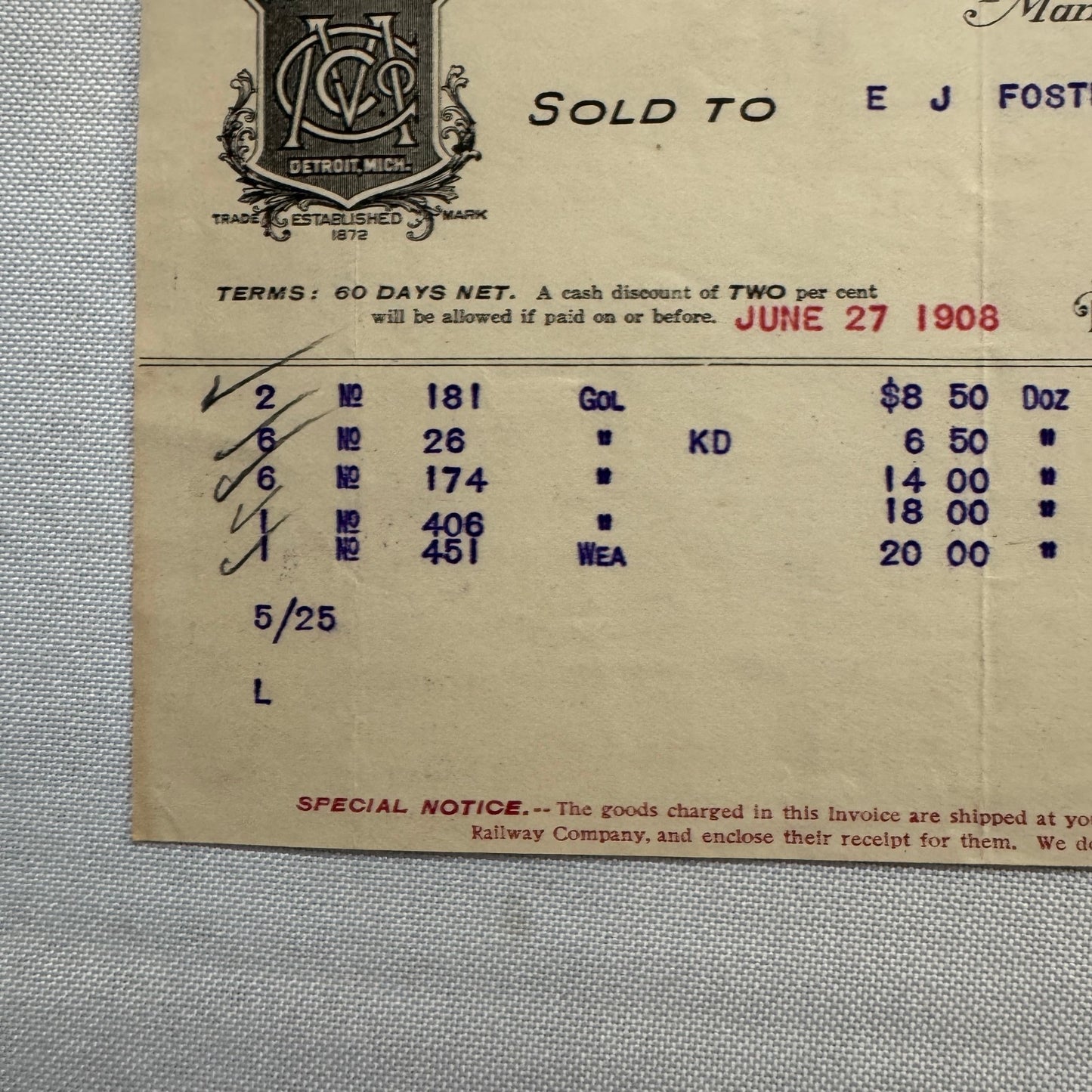 Murphy Chair Company Detroit Michigan Receipt Document Letterhead 1908 Lot 2x