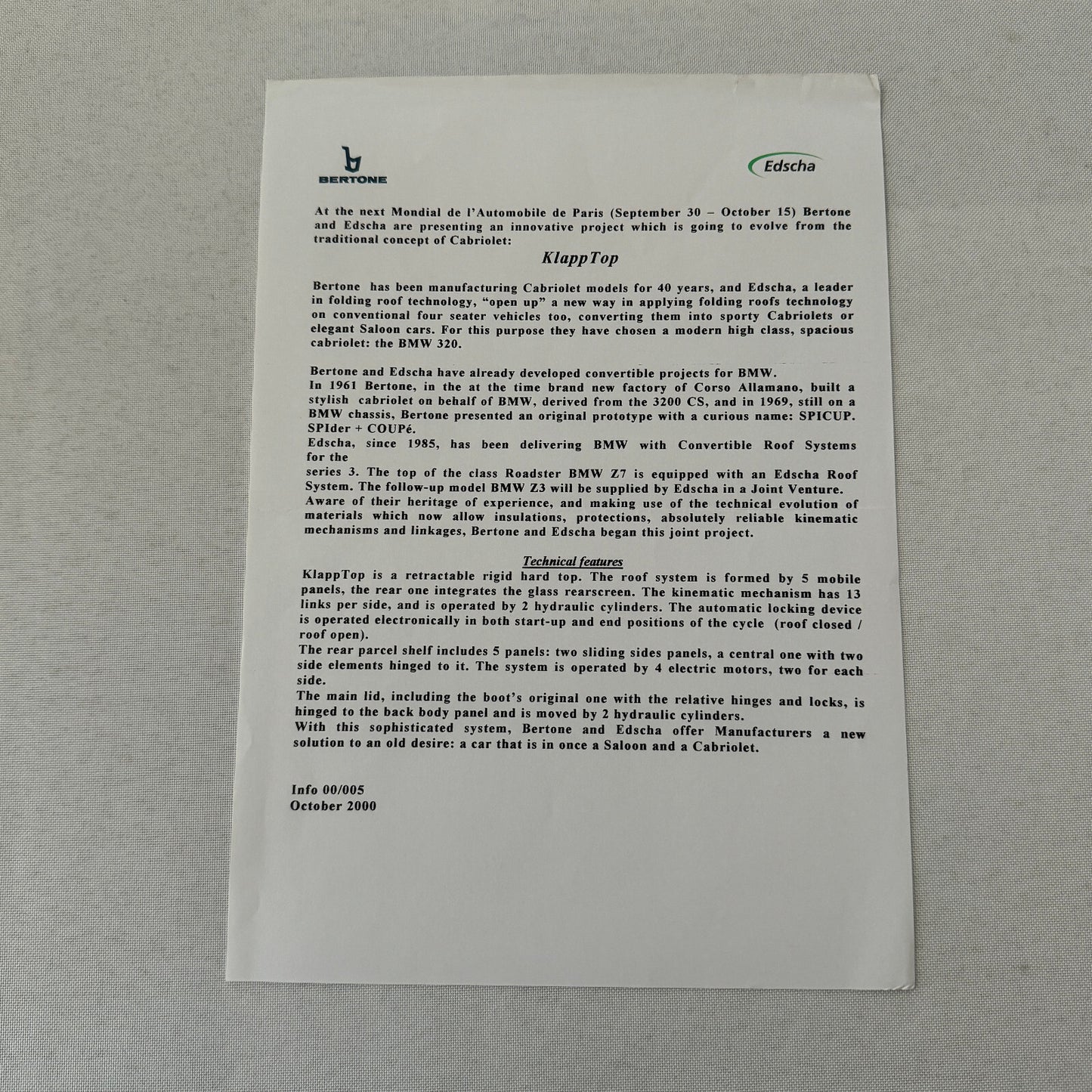 Bertone BMW 3 Series Klapptop Folding Convertible Top Car Press Kit 2000