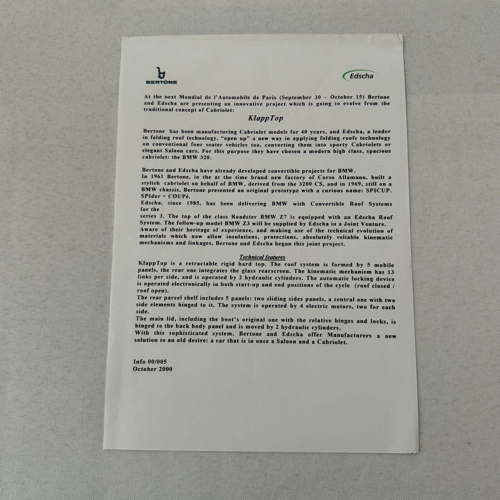 Bertone BMW 3 Series Klapptop Folding Convertible Top Car Press Kit 2000