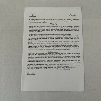 Bertone BMW 3 Series Klapptop Folding Convertible Top Car Press Kit 2000