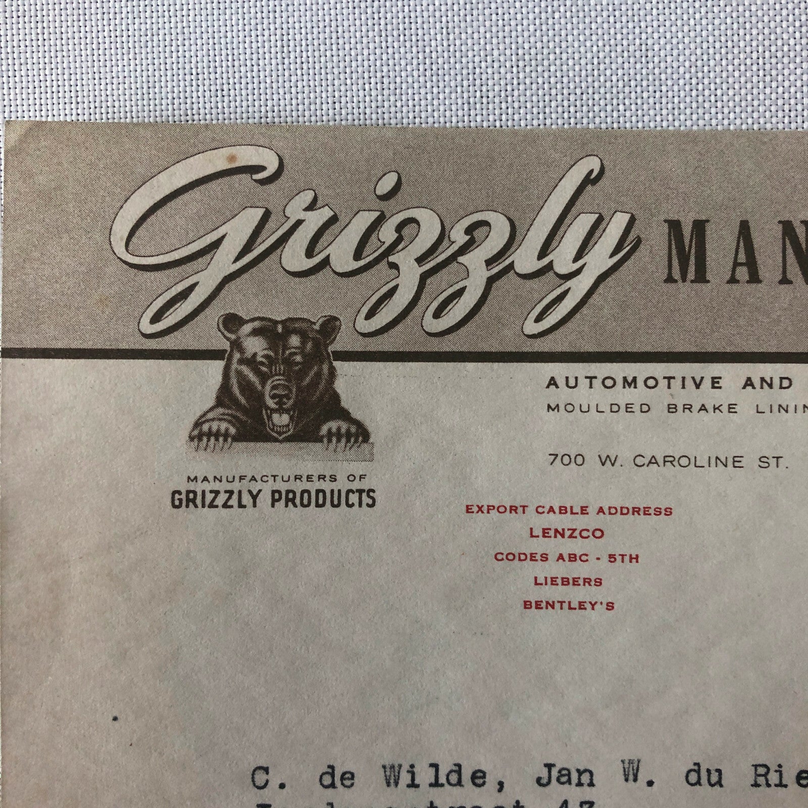 1946 Grizzly Manufacturing Company Letter Letterhead Bear Logo - Brake Lining 