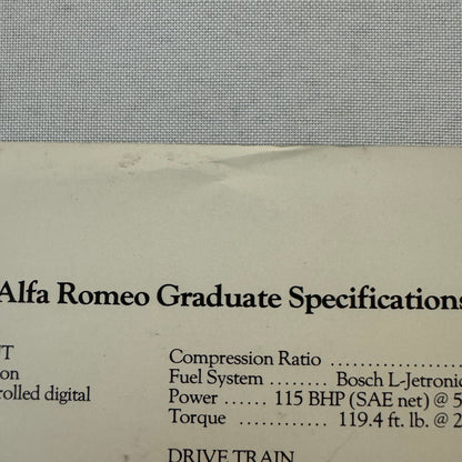 1985 Alfa Romeo Graduate Convertible Sales Sheet Brochure Advertising