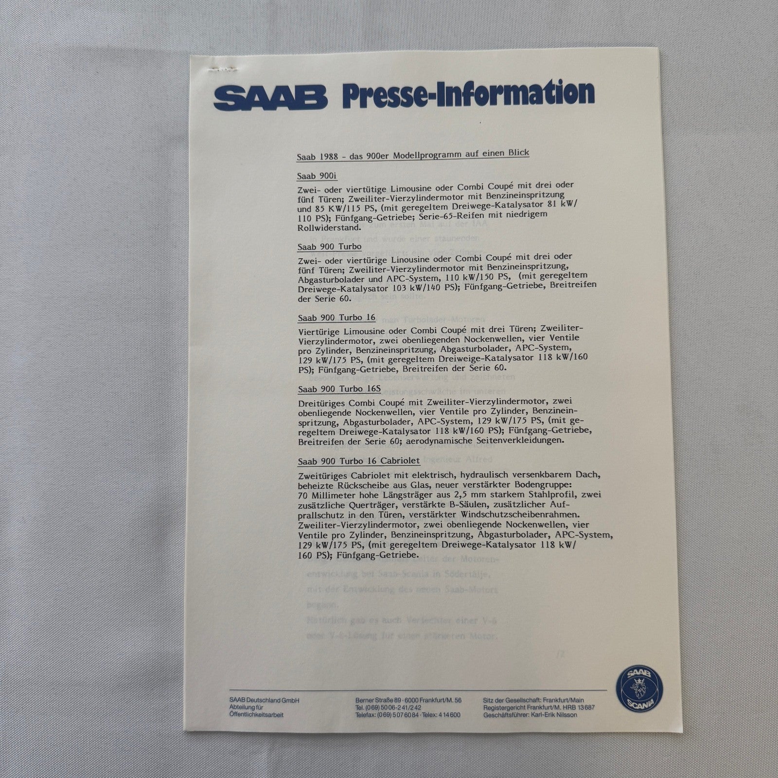 1988 Saab Press Kit Brochure Photos Saab 900 Turbo Cabriolet Convertible GERMAN