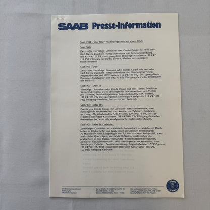 1988 Saab Press Kit Brochure Photos Saab 900 Turbo Cabriolet Convertible GERMAN